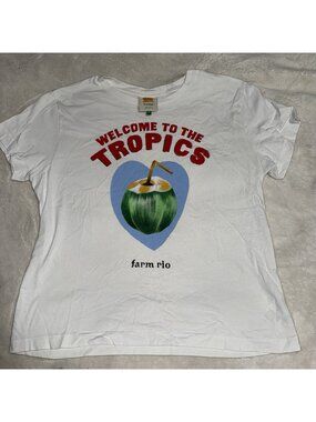Farm Rio Womens M White Welcome To The Tropics Coconut Graphic T Shirt